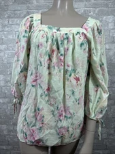 Lauren Conrad XS Green Watercolor Floral Square Neck 3/4 Sleeve Blouse