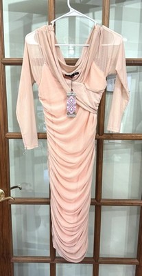 Boohoo Mesh Ruched Bodycon Dress Size 8 Pink Peach Flattering Long Sleeve NWT