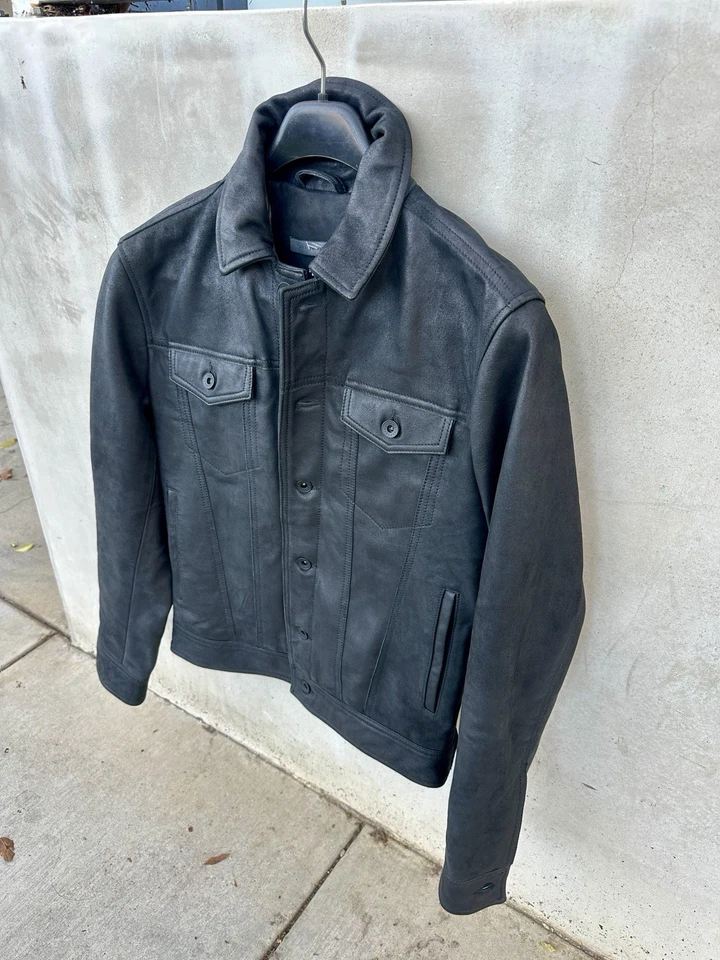 Men’s Black Brushed Leather JOHN VARVATOS Trucker Jacket (S) Msrp:$698 - Image 4 of 4