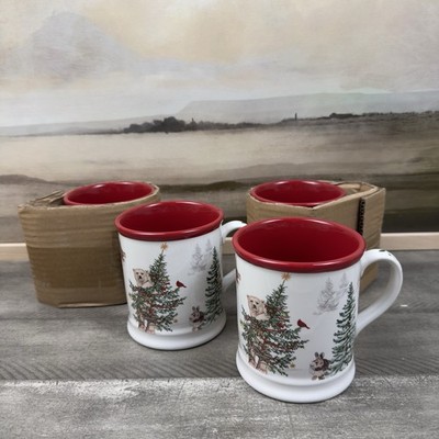 Pottery Barn Enchanted Forest Stoneware Mugs Set/4 Red Multi Christmas NIB