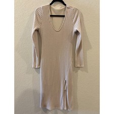 Lush Ribbed Knit Midi Dress Long Sleeve Scoop Neck Side Slit Oatmeal Beige L