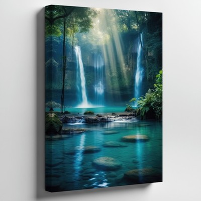 Serene, Enchanted Forest Scene Featuring Multiple Cascading Waterfalls Wall Art