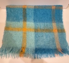 Vintage Mohair Shawl Vibrant Aqua Blue Turquoise Gold Plaid Thick Hand Knit 70"