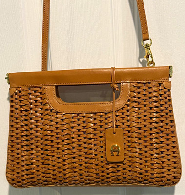 Etienne Aigner Woven Brown Crossbody Bag Gold Hardware Detachable Strap