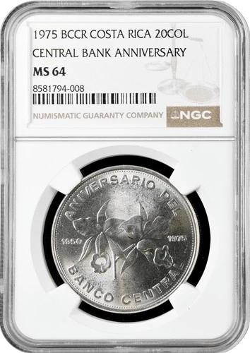 Costa Rica 20 colones 1975, NGC MS64, "25th Anniversary - Central Bank"
