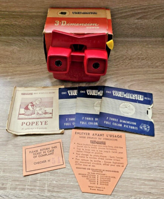 VINTAGE VIEWMASTER MODEL E VIEWER RARE RED VERSION BOXED WITH POPEYE REELS Q100