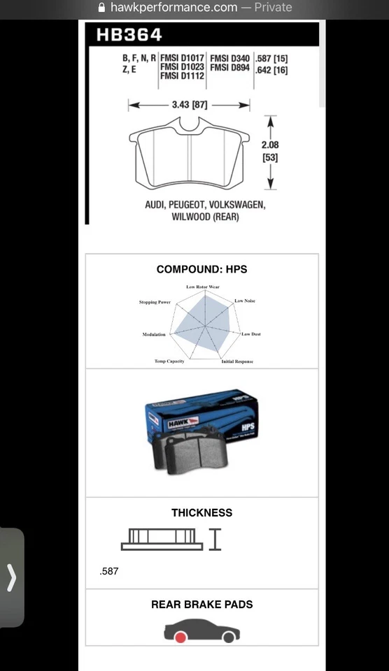 Задние тормозные колодки Hawk HB364F.587 HPS составные для Golf VW Jetta Audi Ibiza Beetle - Изображение 2 из 4