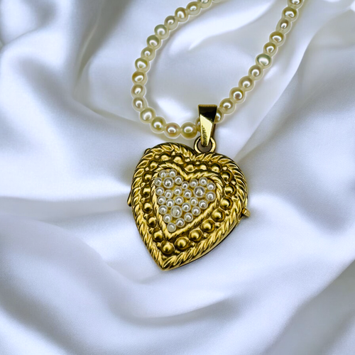 ANTIQUE- 14K Gold- Heart Locket Necklace -19"-Victorian Seed Pearl Pendant 12.8g - Picture 8 of 24