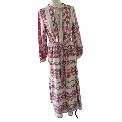 M S Collection Womens Dress Size Small Red Jacquard Maxi Belted Casual Cotton