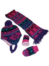 NICE CAPS Toddler Girls Baby Geo 3PC Hat Mittens Scarf Winter Snow Headwear Set