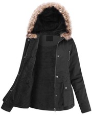 Women's Black Fur Lined Utility Jacket Faux Fur Hoodie