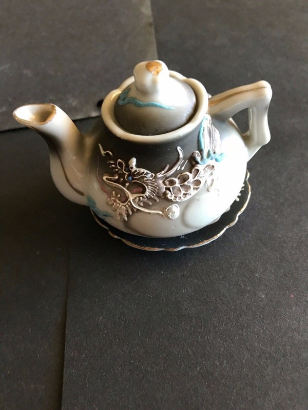 Miniature Teapot w/Lid/Saucer White &Grey w/Blue Pink Gold U1621 Japan on Bottom