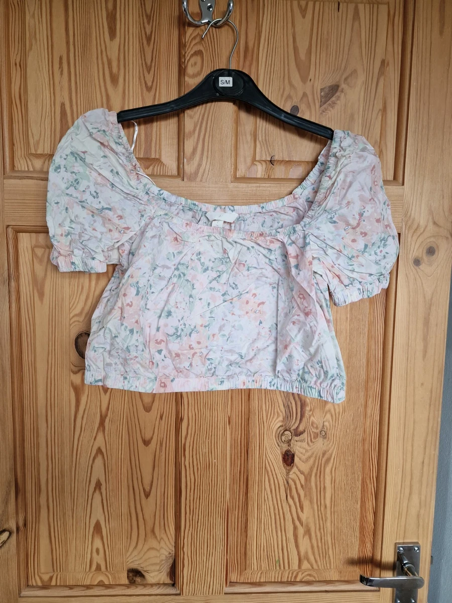 Womens H M White Flower Print Puff Sleeve Summer Crop Top Size 8