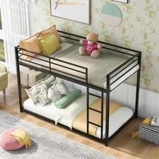 Twin Over Twin Bunk Bed Frame Metal Platform w/ Guardrails & Side Ladder
