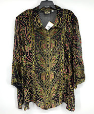 Top Artístico Portátil Bob Mackie Plus 3X Mezcla de Seda Terciopelo Burnout Botón Transparente Nuevo con Etiquetas