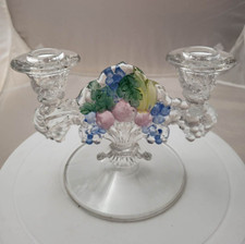 Vtg Double 2 Arm Candle stick holder glass w/ Colorful fruits design