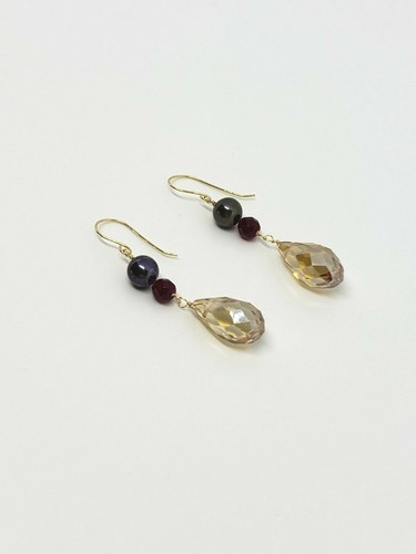 14k Yellow Gold Citrine Crystal, Garnet Freshwater Pearl Drop Dangle Earrings - Picture 3 of 4