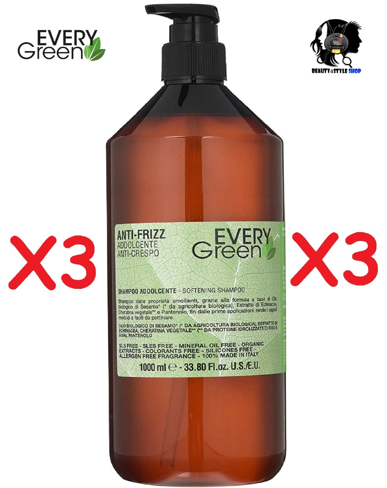 3 PEZZI DIKSON EVERY GREEN ANTI-FRIZZ SHAMPOO 1000ML ADDOLCENTE ANTI CRESPO