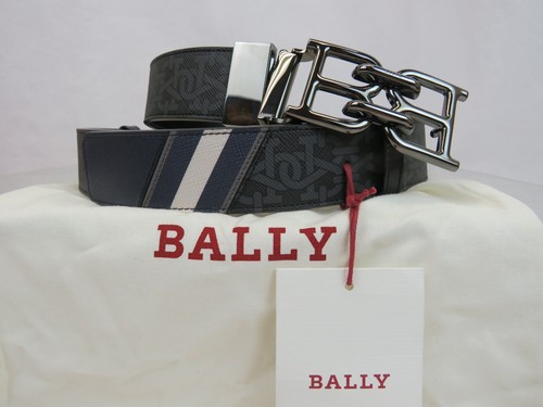 BALLY B CHAIN BUCKLE ADJUSTABLE BLACK GRAY LOGO LEATHER WEB BELT 110 44 GIFT BOX - Picture 5 of 14