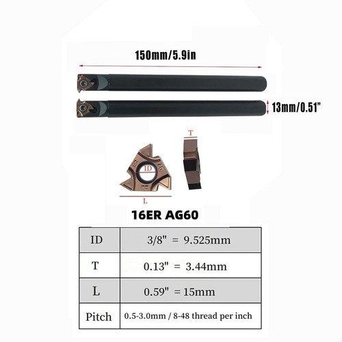 1/2" 13mm Lathe Internal Threading Boring Bar Turning Tool Holder + 10PC AG60 - Picture 3 of 7