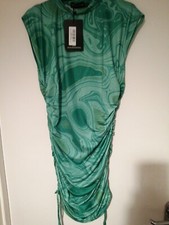 Pretty Little Thing Green Swirl Print Sleeveless High Neck Ruched Bodycon...