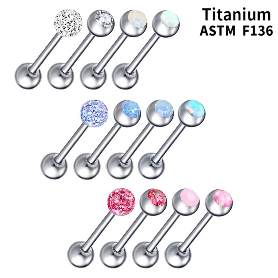 4pc 14g F136 Titanium Multi Crystal Opal Tongue Bar Barbell Nipple Piercing Set - Image 2 of 4
