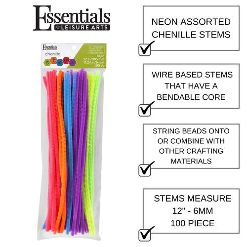 Essentials By Leisure Arts Chenille Stems Neon, 12 Inch 6mm, Bendable Craft - Picture 2 of 7