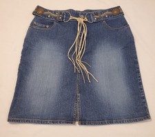 Vtg Route 66 Denim Embroidered Flower Belted Knee Length Skirt Sz 12 Distressed
