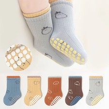 5 Pairs of Baby Floor Socks with Cartoon Animal Bear Pattern, Adhesive Baby Walk