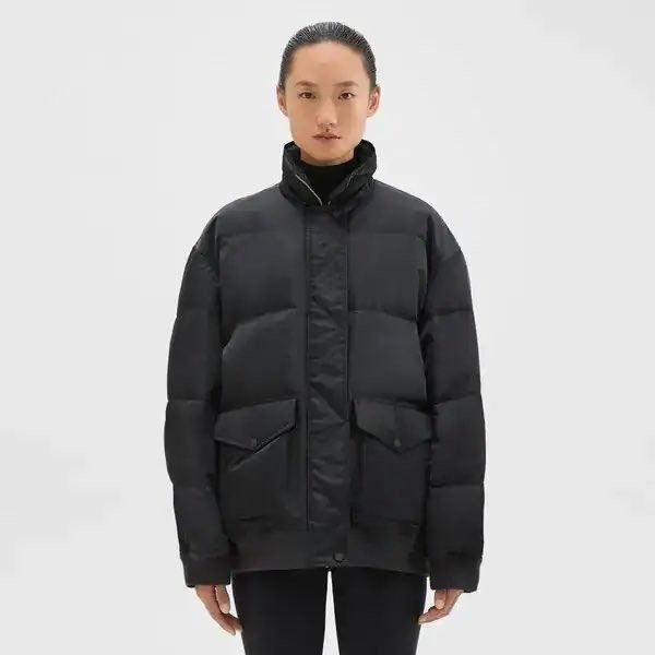 Theory NWT OS Puffer Bomber Aero Nylon Jacket Black Oversized Down