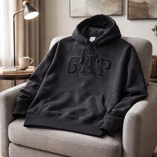 Gap Hoodie Men XXL Black on Black Sweatshirt Drawstring Spellout Preppy -