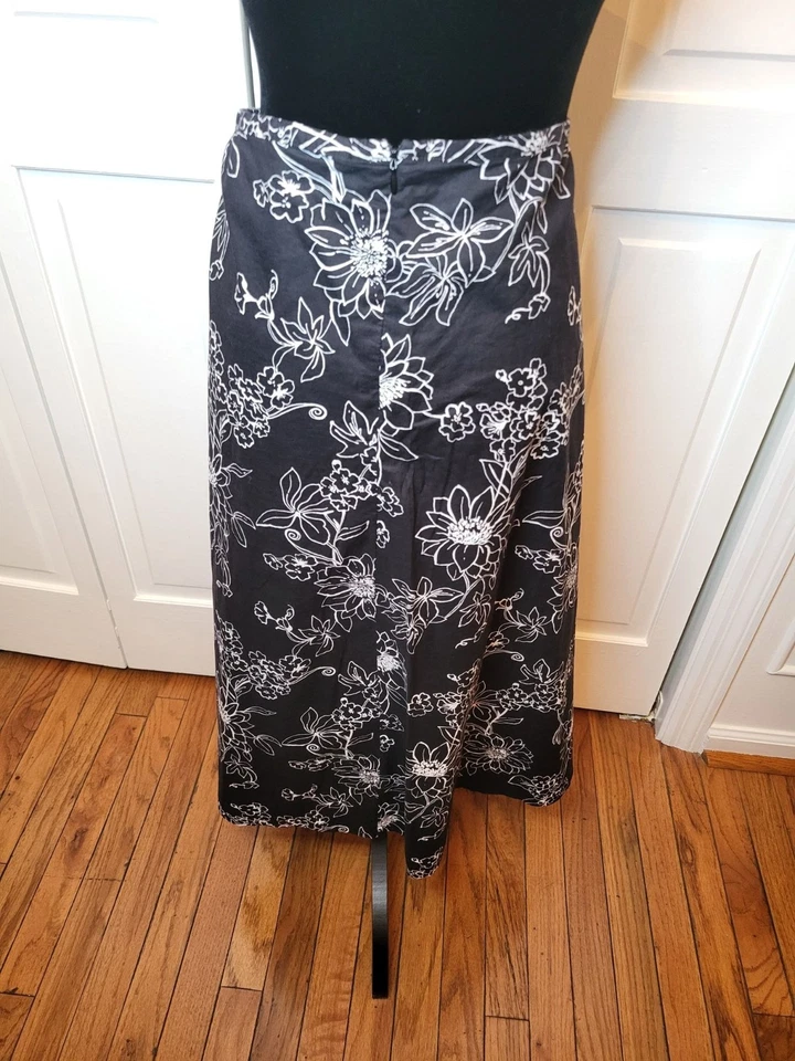 Sag Harbor Black/White Floral A-Line Midi Skirt sz 16 Whimsygoth Cottage Boho — 第 2/4 张图片