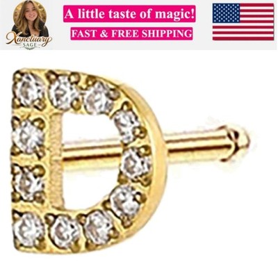 20G CZ Initial Letter Nose Rings Studs Gold Surgical Steel Cubic Zirconia Pav...