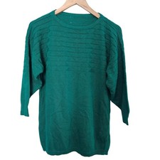 Vintage Knit Sweater Women XL Green Ribbed Twee Preppy Cottage Neutral Granny
