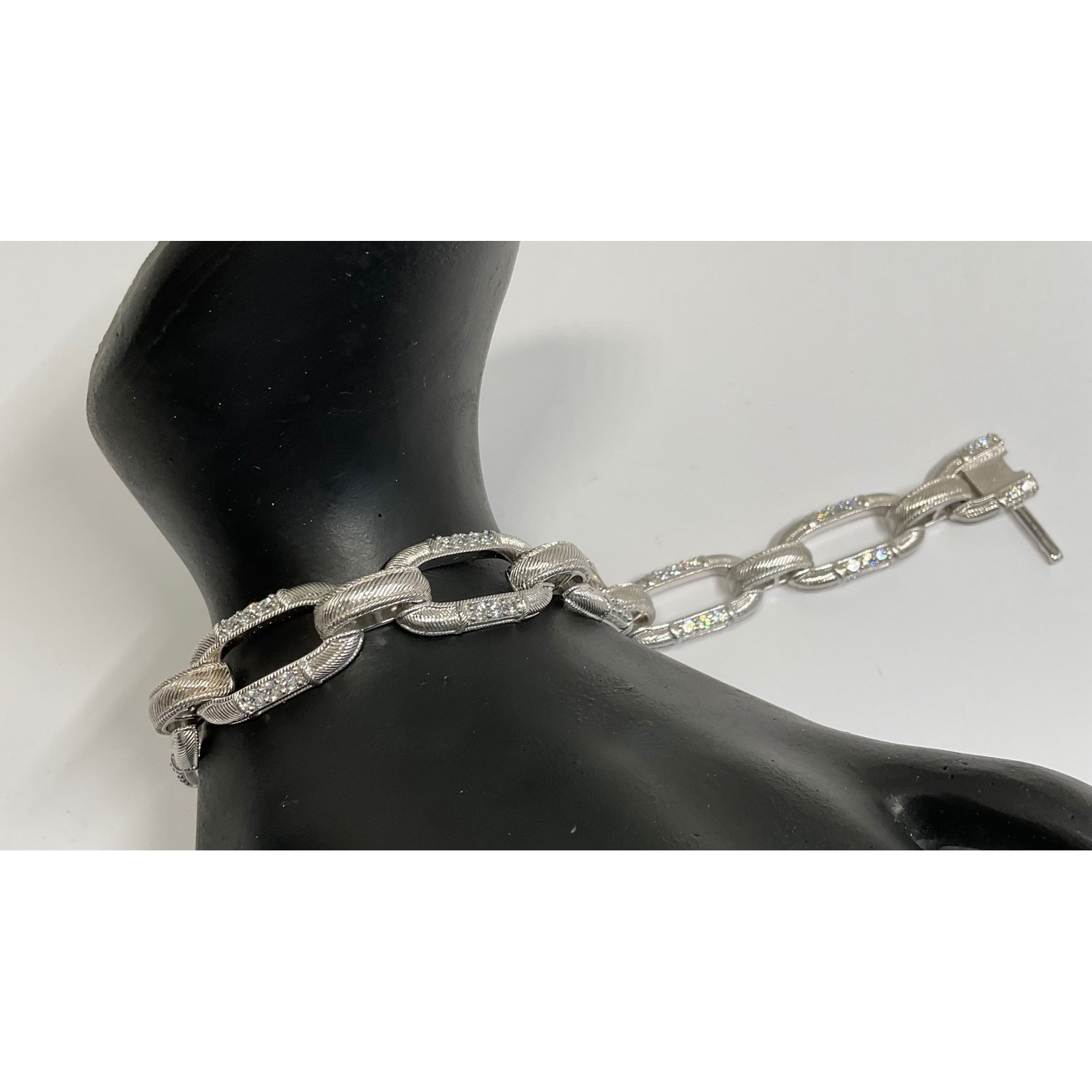 Judith Ripka Sterling Silver CZ Berge Textured Oval Link Bracelet 7.25in