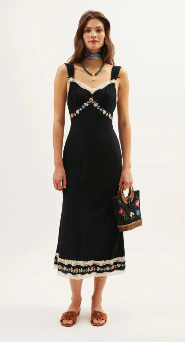 what is the length of midi dress Palermo Deep V Midi Dress - Noir Black Cotton Sleeveless A-Line Dress