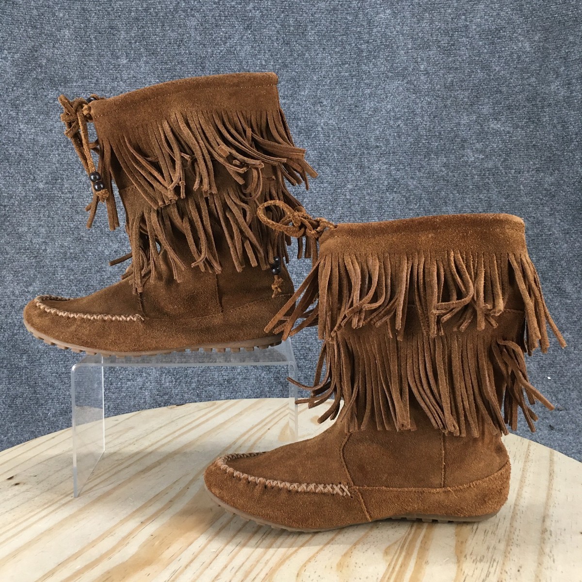 Minnetonka Boots Womens 6 Double Fringe Pull On Mid Calf Boot