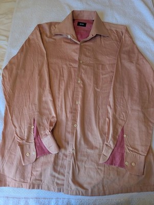 HUGO BOSS Two Tone 100% Cotton Long Sleeve Shirt Mens Large Salmon Deep Pink HK