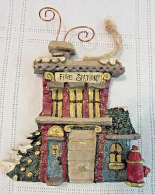 Kurt Adler Snowtown Village Fire Station resin glitter Christmas Ornament