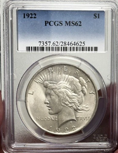 1922 $1 Peace Dollar PCGS MS62, Light Toning, 90% Silver 10% Copper, (Ref. 4625)