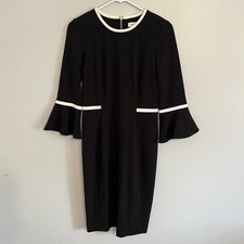 Calvin Klein Black White Trim Piping Ruffle Bell Sheath MidiDress Size 4 Office