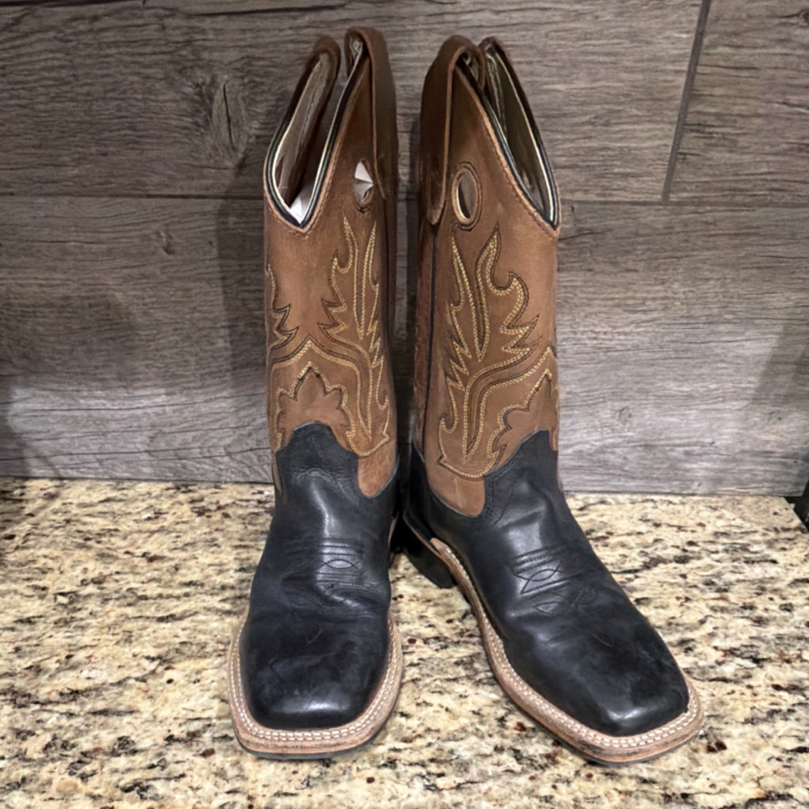 Black Brown Leather Western Square Toe Mid-Calf Boots Embroidered Pull On