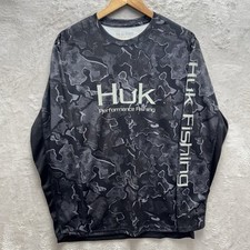 Huk Fishing Gear Long Sleeve Icon Black Camouflage Thin Vented Shirt Medium