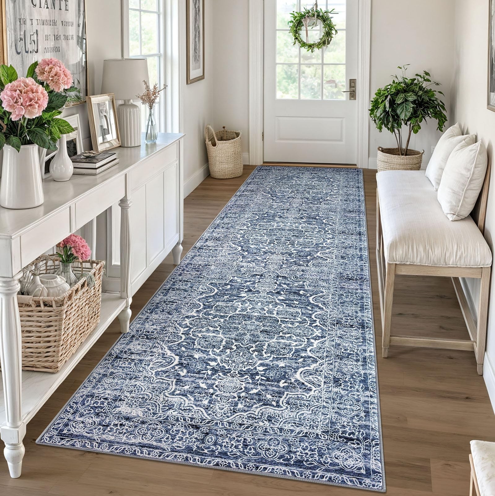 Vintage Blue Washable Non-Slip 3x10 Rug Runner for Kitchen Hallway