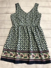 One Clothing Dress Womens Medium Navy Blue Fit & Flare Geometric Floral Border