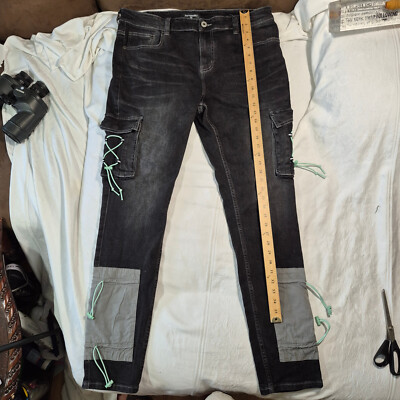 SERENADE RIO SANTO CARGO JEANS  BLACK ACID WASH PARACORD PULLS 38x32