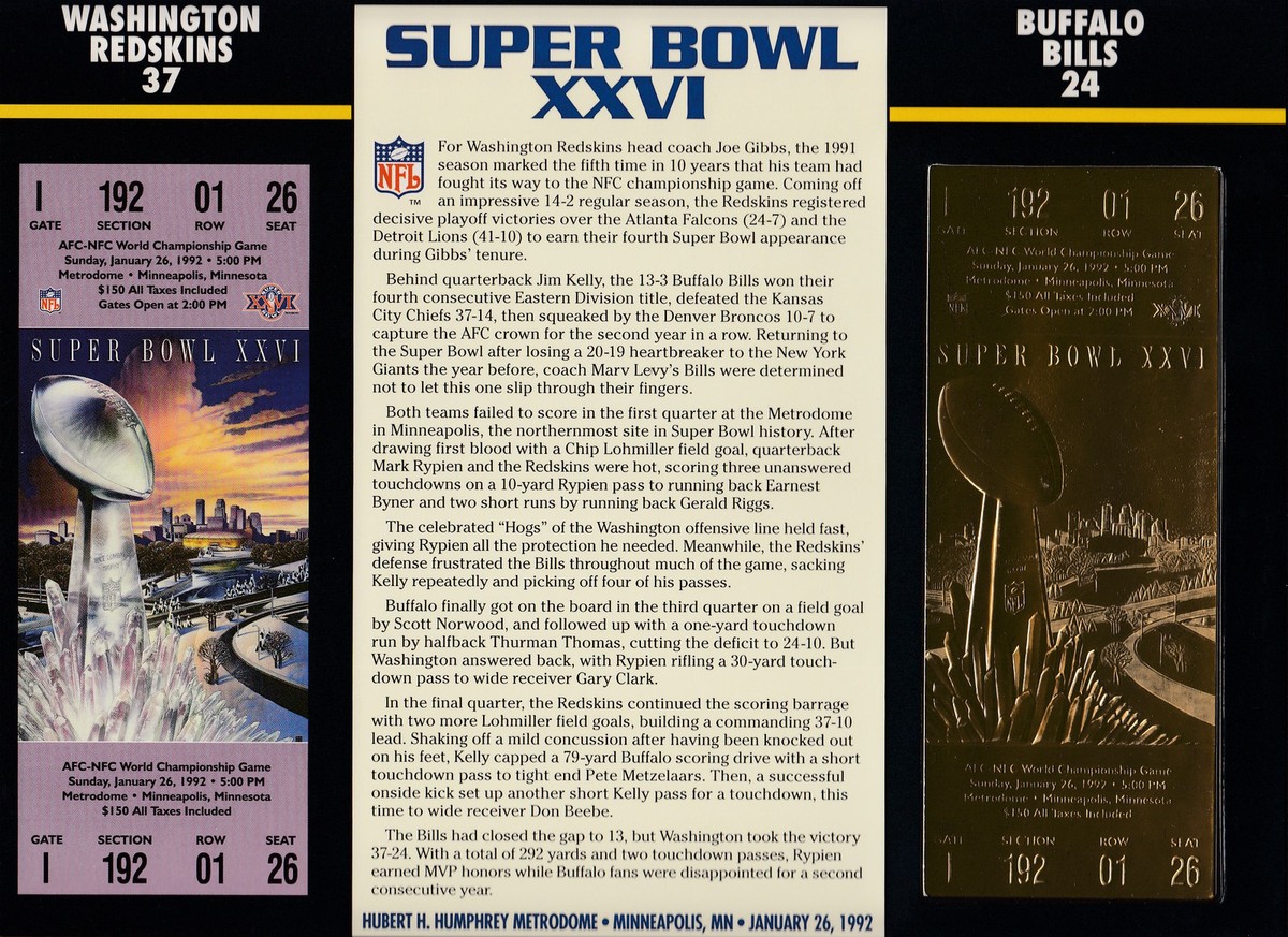 Super Bowl XXVI 26 Gold Replica Ticket Sealed in 9x12 Card