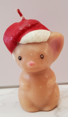 Vintage Hallmark Mouse Candle 2'' Beige w Santa Hat Wax Figure Unburned Kitch