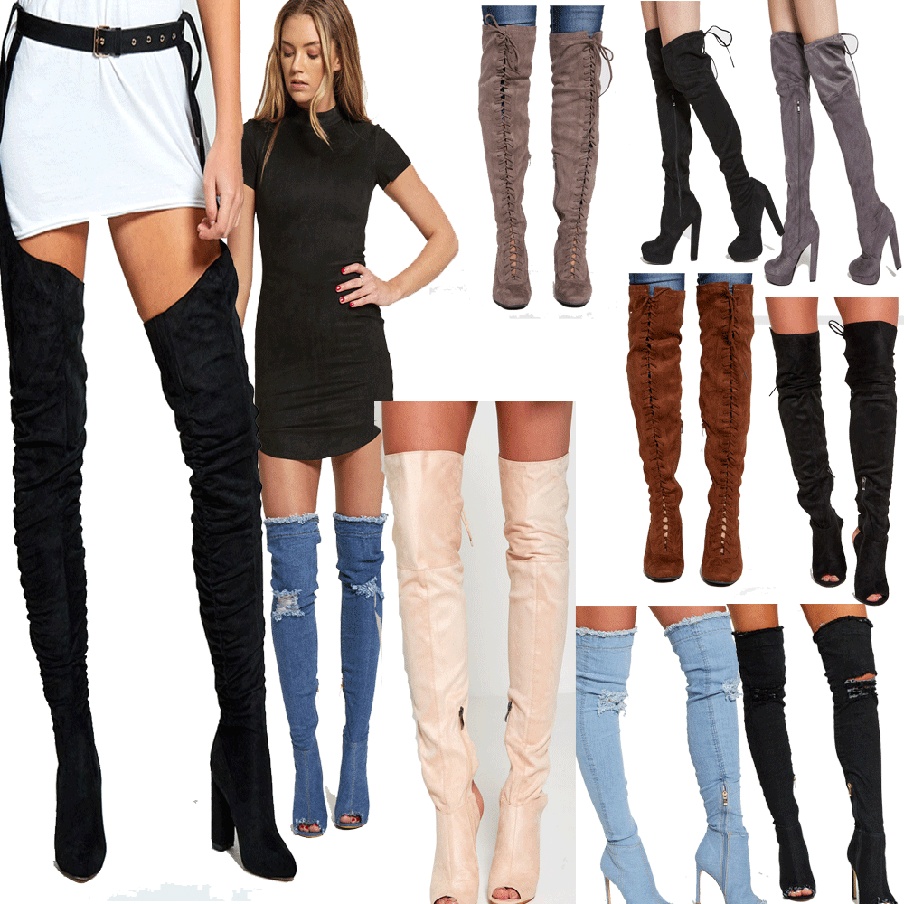 DIVADAMES Damenschuhe Distressed Denim/Lace Up/ Suede Belt Thigh High Stiefel-MIX DIVADAMES Damenschuhe Distressed Denim/Lace Up/ Suede Belt Thigh High Stiefel-MIX