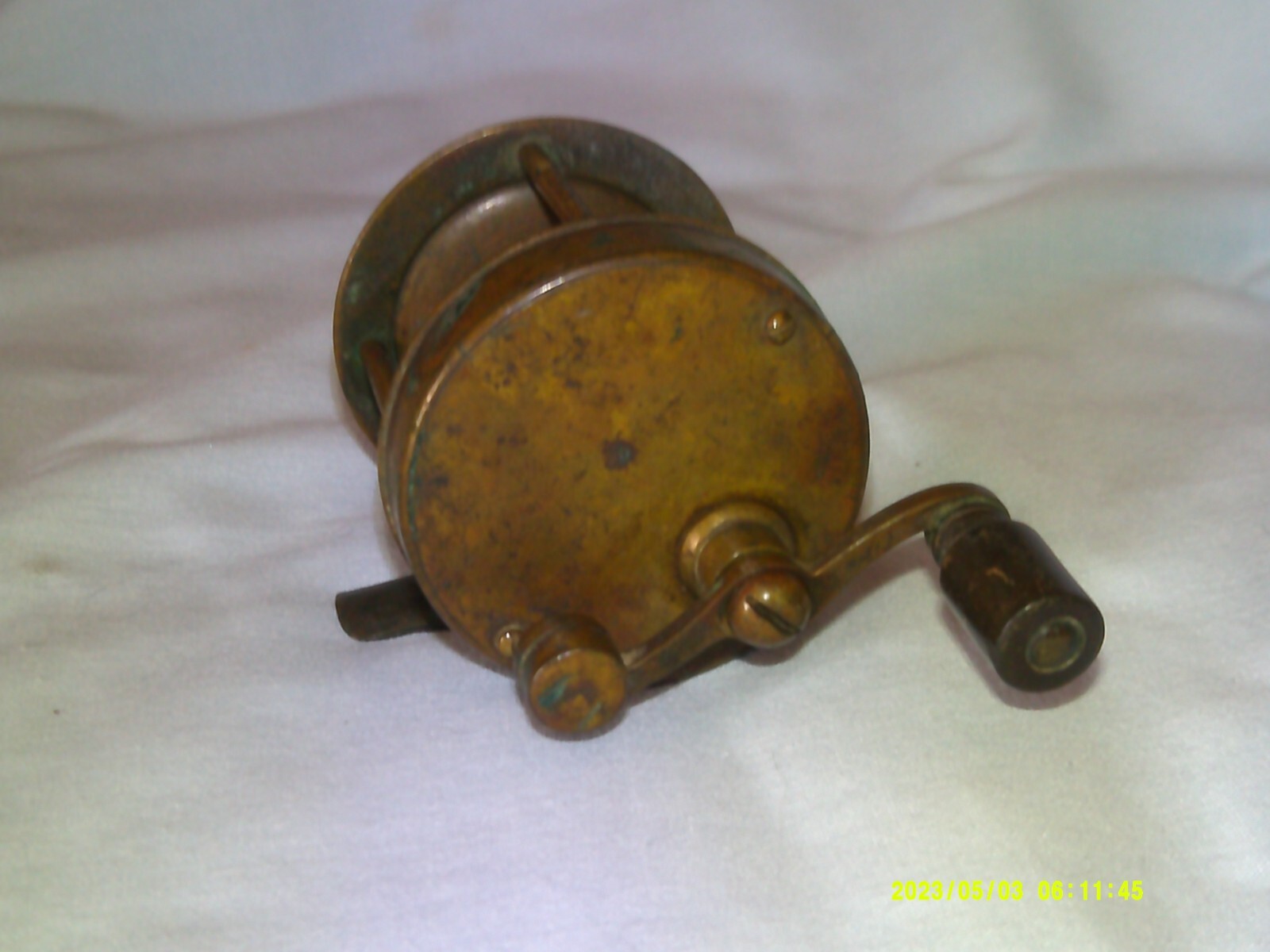 Antique Vintage Brass Fishing Reel with Ornate S Handle Counterbalance